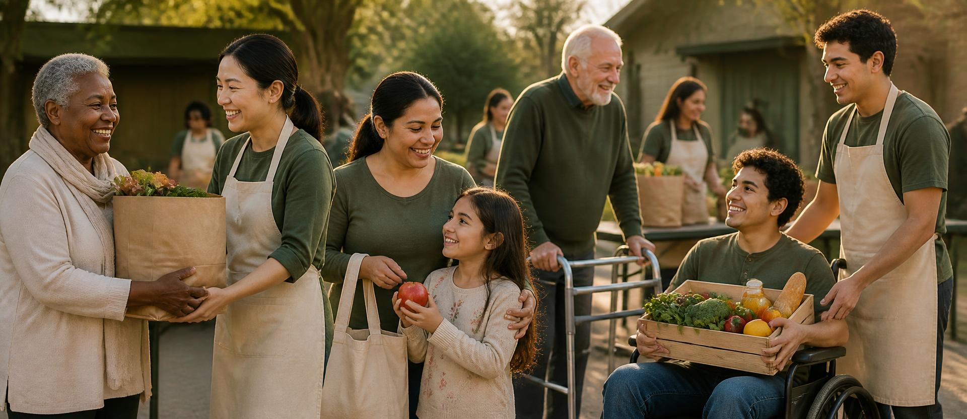 Volunteers and members of all ages sharing a meal at a community food distribution
