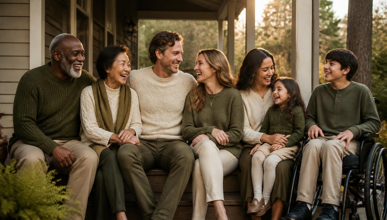 A multiracial, multigenerational family, including a teenager using a wheelchair, laughing together on a sunlit porch