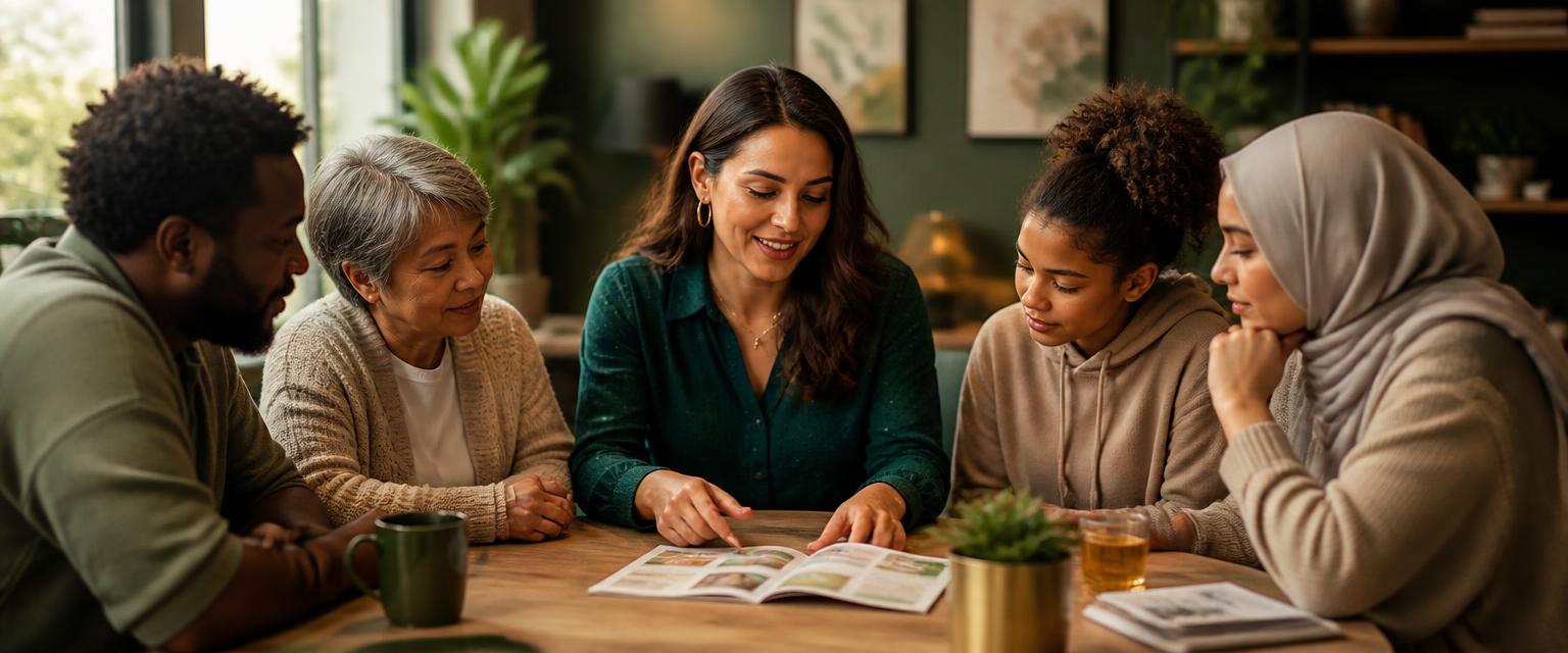 A community advocate helping a diverse group of people explore resources together