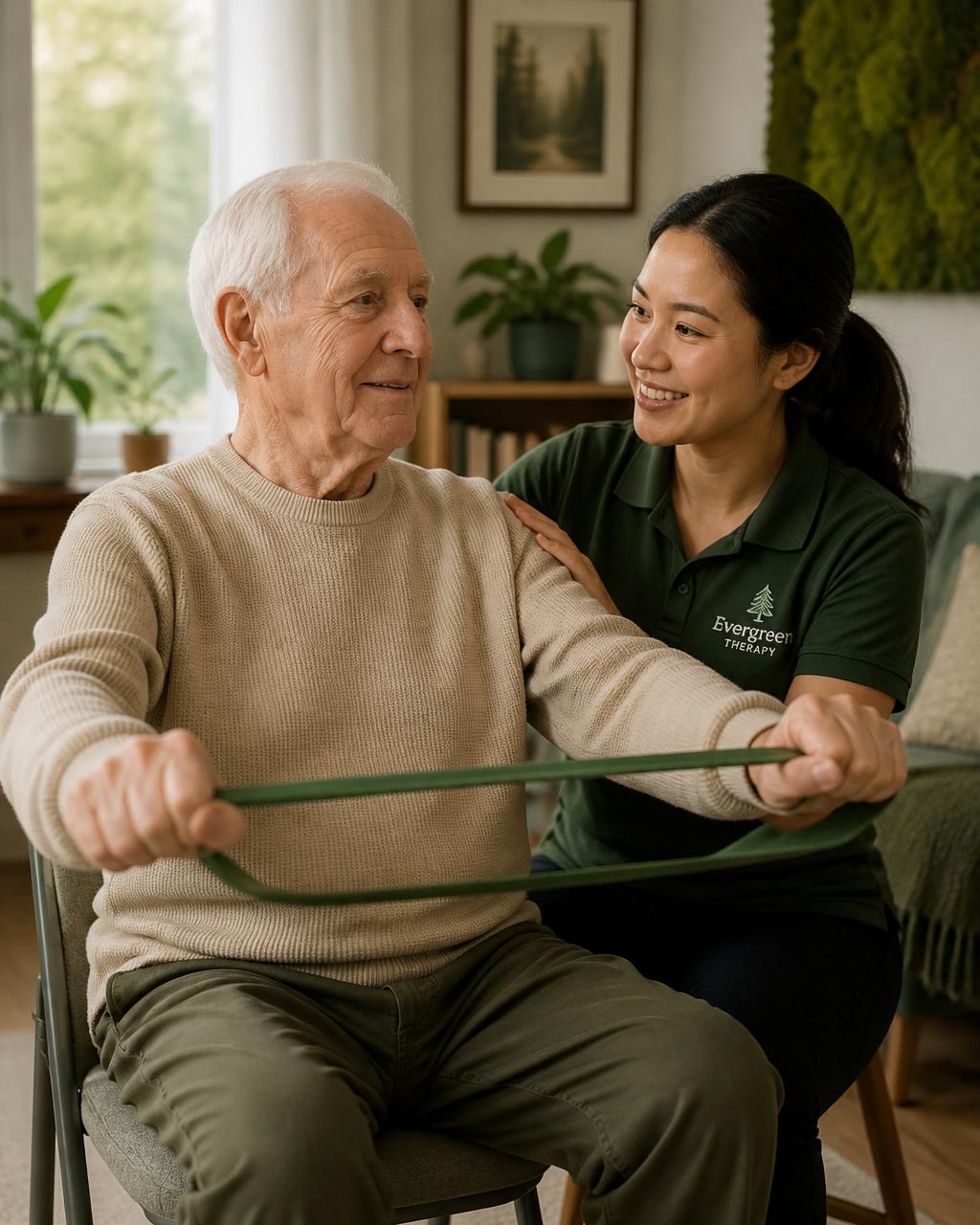 A caregiver gently supporting an older adult during a light in-home visit